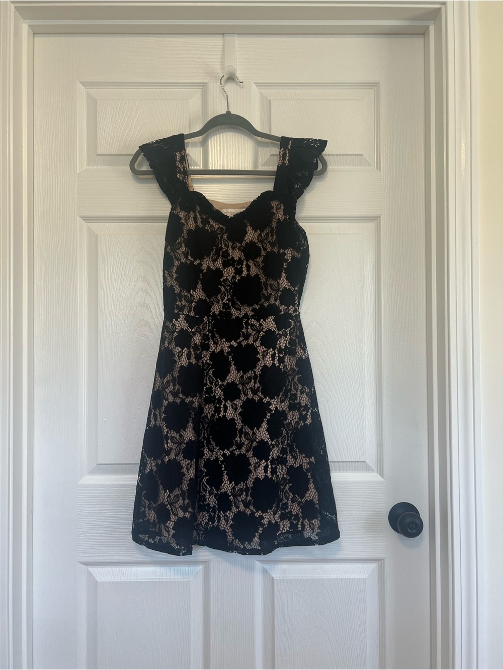 Black Lace Mini Dress with Nude Underlay